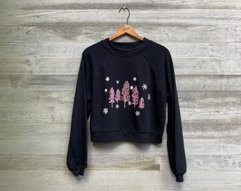 Holiday Sweater, Xmas Gift, Christmas Sweatshirt, Cropped Top, Cozy Black Sweatshirt