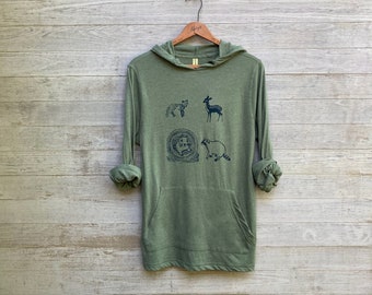 Woodland Creatures Hoodie, Lightweight Hoodie, Organic Cotton, Fox, Deer, Raccoon + Squirrel