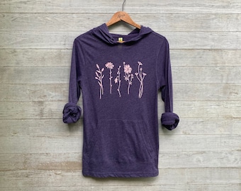 Meadow Flowers Hoodie in Organic Cotton, Lightweight Pullover, Purple Hoodie