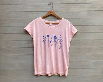 Hand Dyed Wild Flowers Tee in Organic Cotton, Loose Fitting Tee, Vintage Soft
