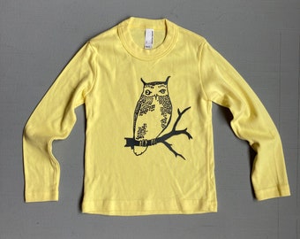 Owl Tshirt, Yellow Long Sleeve Tee, Owl Gift, Bird Tee, Size 2T