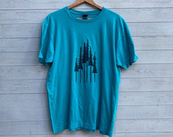 Father's Day SALE Pine Trees Tee in Teal, Size M/L