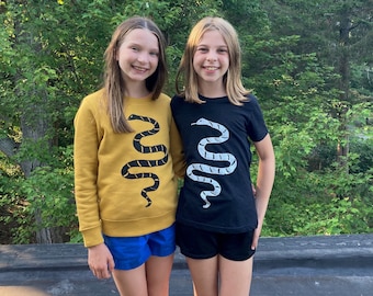 Snake Sweatshirt or Tshirt, Organic Cotton Sweatshirt, Mustard Yellow Top, Snake Top