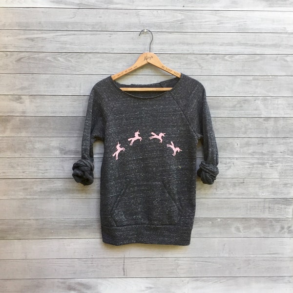 Unicorn Sweatshirt: Pink Print, Charcoal Fleece Pullover