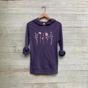 Meadow Flowers Hoodie in Organic Cotton, Lightweight Pullover, Purple Hoodie
