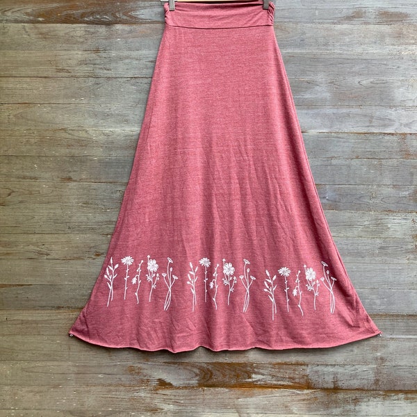 Wild Flowers Maxi Skirt, Floral Skirt, Soft Red Skirt, Long Skirt, Gift for Mom, Comfy Skirt
