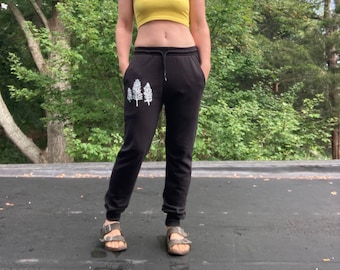 Organic Cotton Sweatpants: Hand-Printed Trees, Unisex Joggers