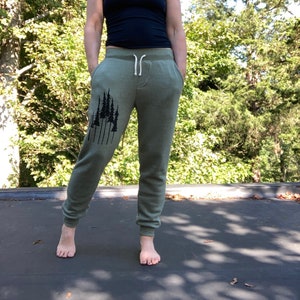 Fleece Joggers with Pine Trees, Lounge Pants, Recovery Pants, Camping Sweats, Nature Lover, Hiking Pants