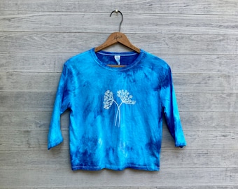 Wildflower Summer Tee, Blue Hand Dyed Tee, 100% Cotton, Cropped Tee