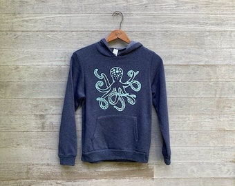 Octopus Hoodie, Kids Clothing, Navy Blue Hoodie, Octopus Gift, Sizes 8-14