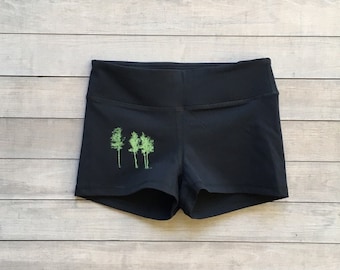 Black Hot Yoga Shorts: Tiny Trees Print, Stretchy Workout Shorts