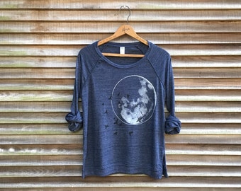 the full moon at midnight Slouchy Pullover, Moon Shirt, Space Shirt, S,M,L,XL