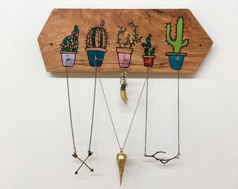 Cactus Jewelry Holder, Cactus Gift, Unique Gift, Necklace Display, Hand Painted Gift, Wood Decor