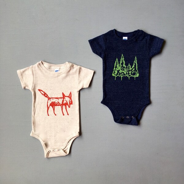 Woodland Baby Onesie Set, Fox and Tree Print