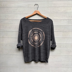 Copper Sun Mandala Shirt, Lightweight Pullover in Charcoal Grey, Loose Fitting