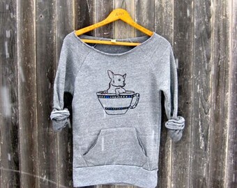 Tea Time Chihuahua Sweatshirt: Organic Cotton Blend, Raw Edge Neck