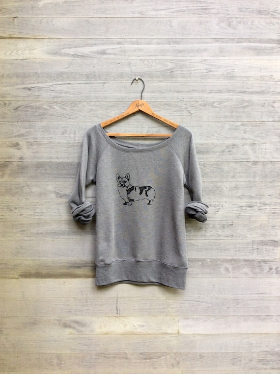 Corgi Sweatshirt in Grey, Super Soft and Cozy Fleece Pullover with a Feminine Scoop Neck