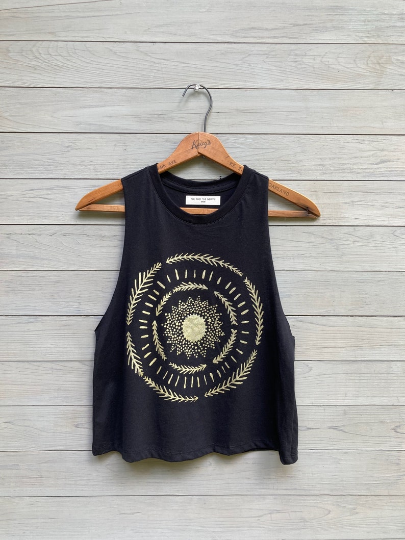 Sun Goddess Crop Top, Festival Top, Gold Sun, Yoga Top Black