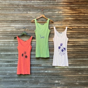 Assorted Sale Tank Tops, Ribbed, Stretchy Tanks, Prints include Peacock, Poppies, Owl, Mums, Summer Tank, Sizes M + L