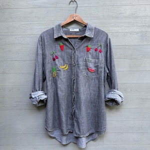 Hand Embroidered FRUIT Shirt w Cherries + Strawberries, Thrifted Cotton Top, One of a Kind, Size M/L