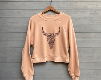 Cropped Bison Skull Sweatshirt, Earthy + Cozy Fleece Sweatshirt, Wild West Top
