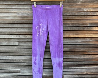 Hand-Dyed Purple Yoga Leggings, White Bluebell Print, One-of-a-Kind Tie Dye