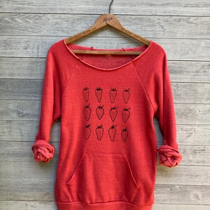 Organic Cotton Strawberry Sweatshirt, Cozy Fleece Pullover with a Feminine Scoop Neck and Kangaroo Pocket image 2