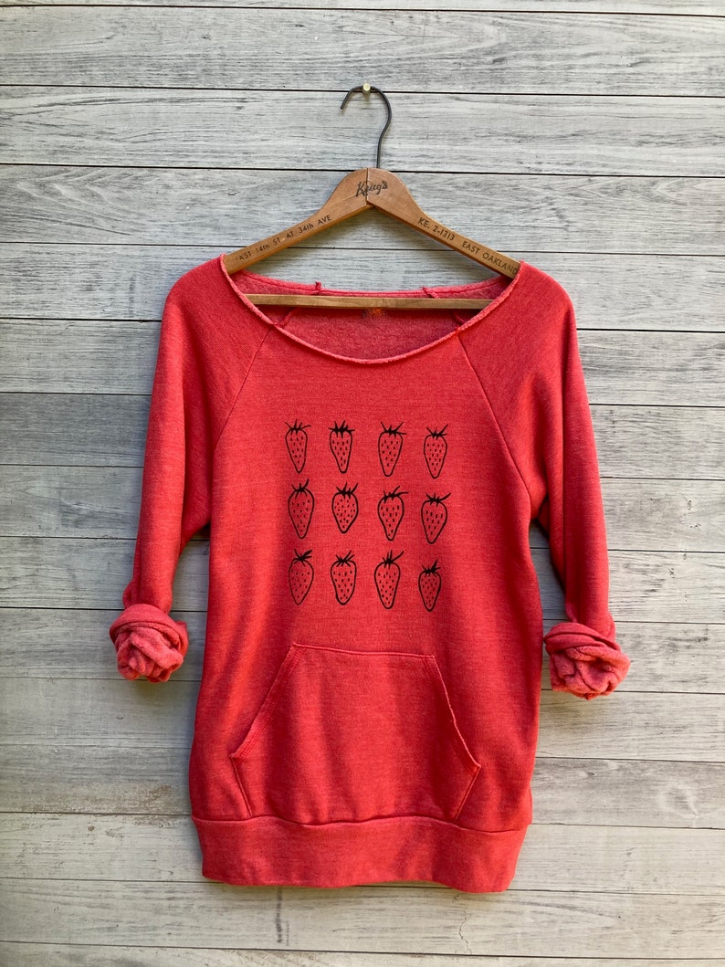 Organic Cotton Strawberry Sweatshirt, Cozy Fleece Pullover with a Feminine Scoop Neck and Kangaroo Pocket image 2