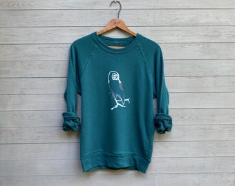 Sudadera con diseño de búho en verde azulado intenso, parte superior de mezcla de algodón natural, corte unisex.