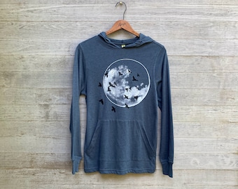 Full Moon Hoodie in Organic Cotton, Lightweight Long Sleeve Top in Navy Blue, Yoga + Hiking Enthusiasts