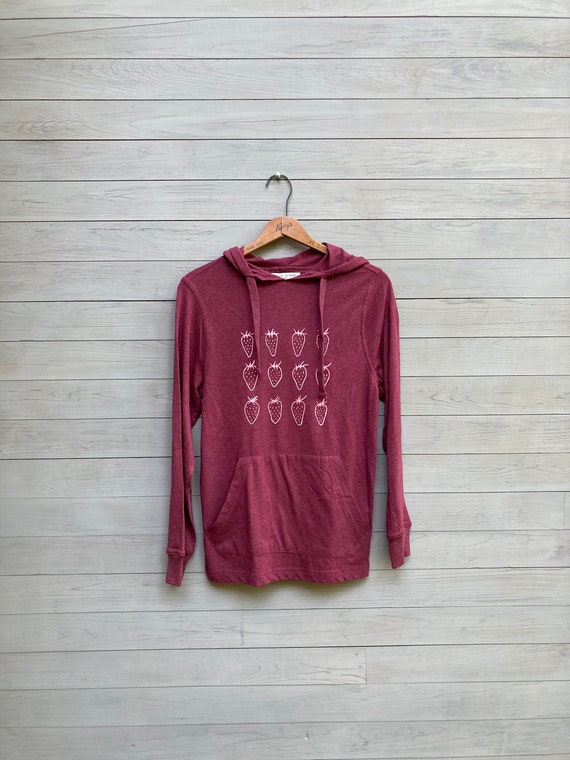 Pink Strawberries Pullover, Lightweight Hoodie in Organic Cotton