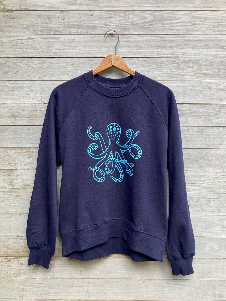 lost at sea Octopus Sweatshirt, Organic Cotton Top, Eco Friendly Clothing, Octopus Gift, Navy Blue Sweatshirt image 3