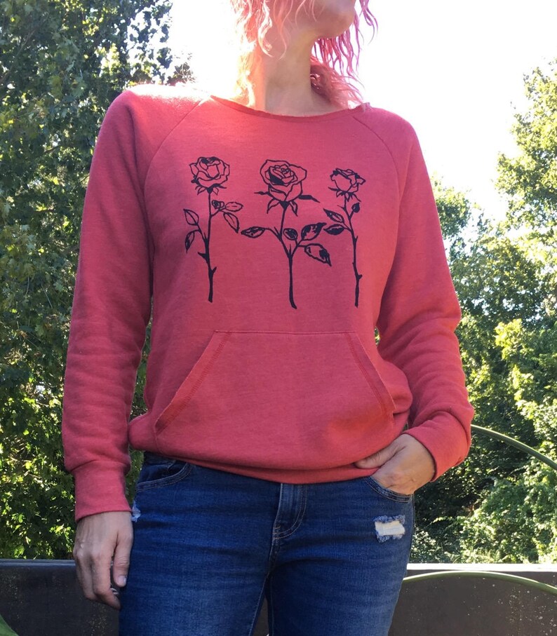 Organic Cotton Roses Sweatshirt, Red Sweater, Cozy Sweater, Anniversary Gift, Gift for a Gardener image 3