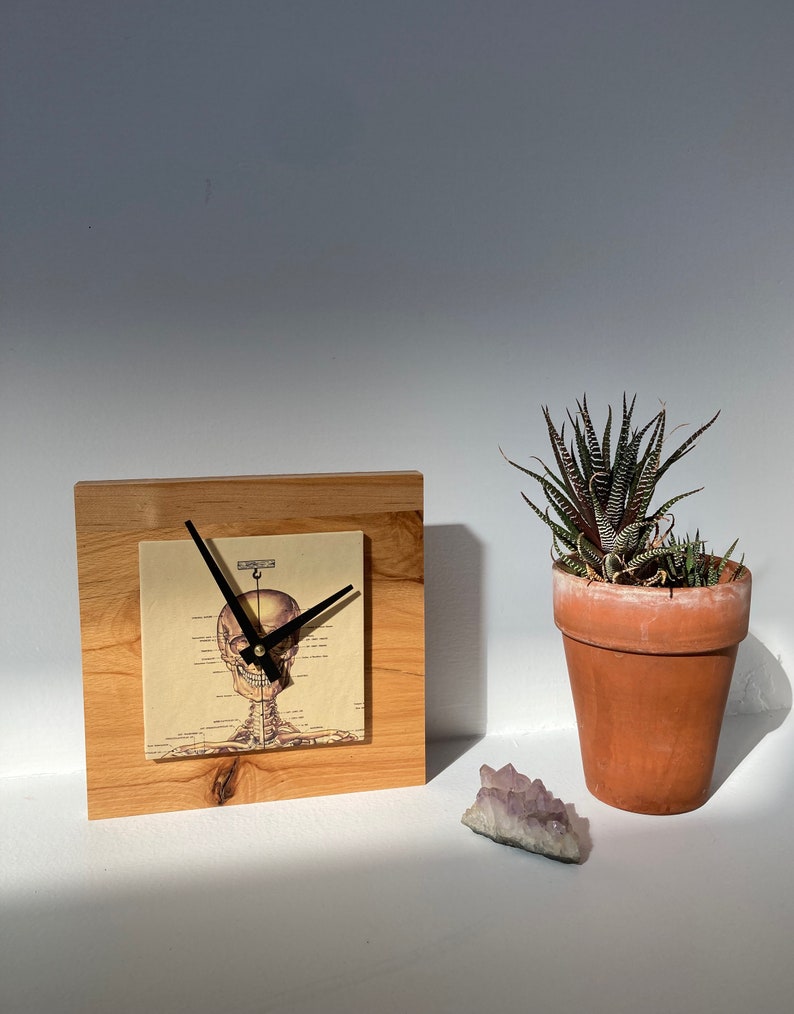 May include: A wooden clock with a skeleton head design on the face. The clock is sitting on a wooden base and is next to a small potted succulent plant and a purple crystal.