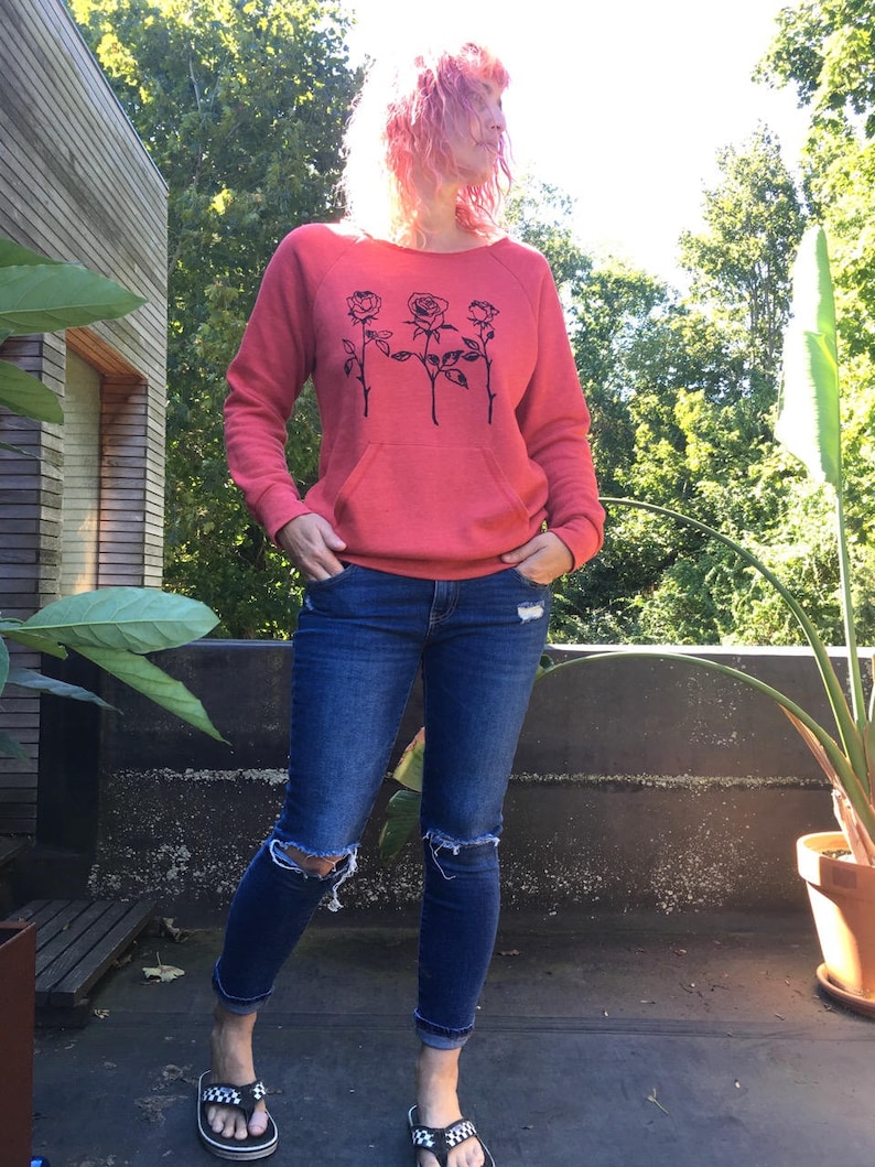 Organic Cotton Roses Sweatshirt, Red Sweater, Cozy Sweater, Anniversary Gift, Gift for a Gardener image 2