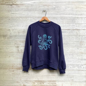 lost at sea Octopus Sweatshirt, Organic Cotton Top, Eco Friendly Clothing, Octopus Gift, Navy Blue Sweatshirt image 1