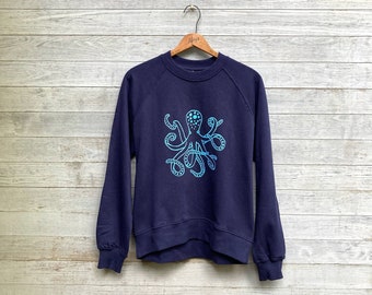 lost at sea Octopus Sweatshirt, Organic Cotton Top, Eco Friendly Clothing, Octopus Gift, Navy Blue Sweatshirt