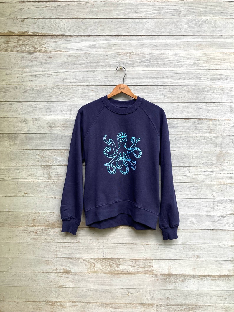 lost at sea Octopus Sweatshirt, Organic Cotton Top, Eco Friendly Clothing, Octopus Gift, Navy Blue Sweatshirt image 1