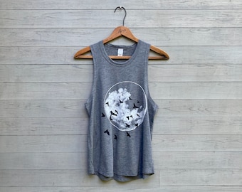 Birds and Moon Tank Top, Workout and Yoga Tank, Summer Tank