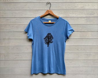 Oak Tree Tshirt, Bamboo + Organic Cotton, Yoga + Hiking Tee, Silky Tee, Blue Tee