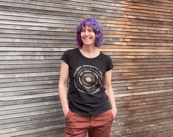 Copper Sun Mandala Tee in Black, Organic Cotton Slub, Lightweight Yoga Top