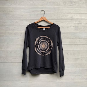 Sun Mandala Sweatshirt, Comfy Pullover for Lounging, Yoga, and the Outdoors in Black or Grey