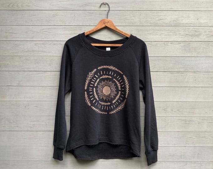 Sun Mandala Sweatshirt, Comfy Pullover for Lounging, Yoga, and the Outdoors in Black or Grey