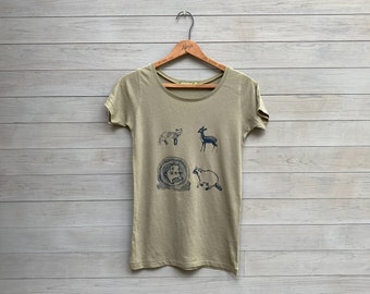 Organic Cotton Woodland Creatures Tee, Yoga Tee, Stretchy, Scoop neck Top