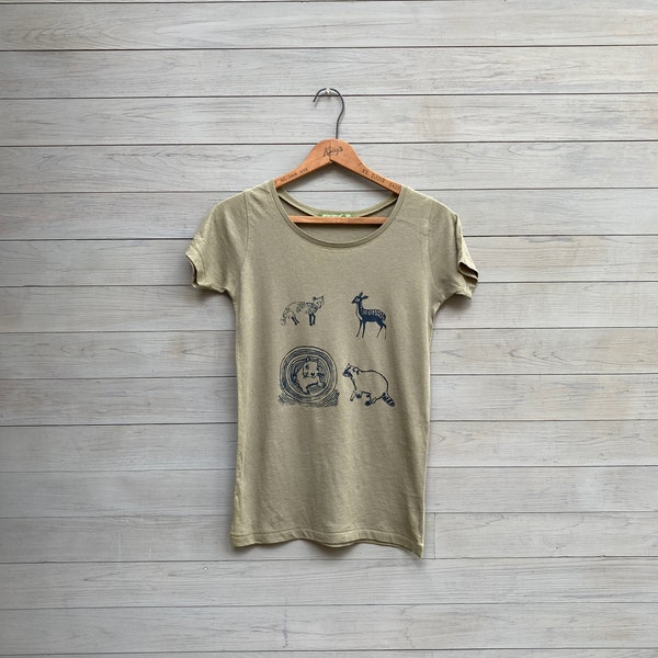 Organic Cotton Woodland Creatures Tee, Yoga Tee, Stretchy, Scoop neck Top