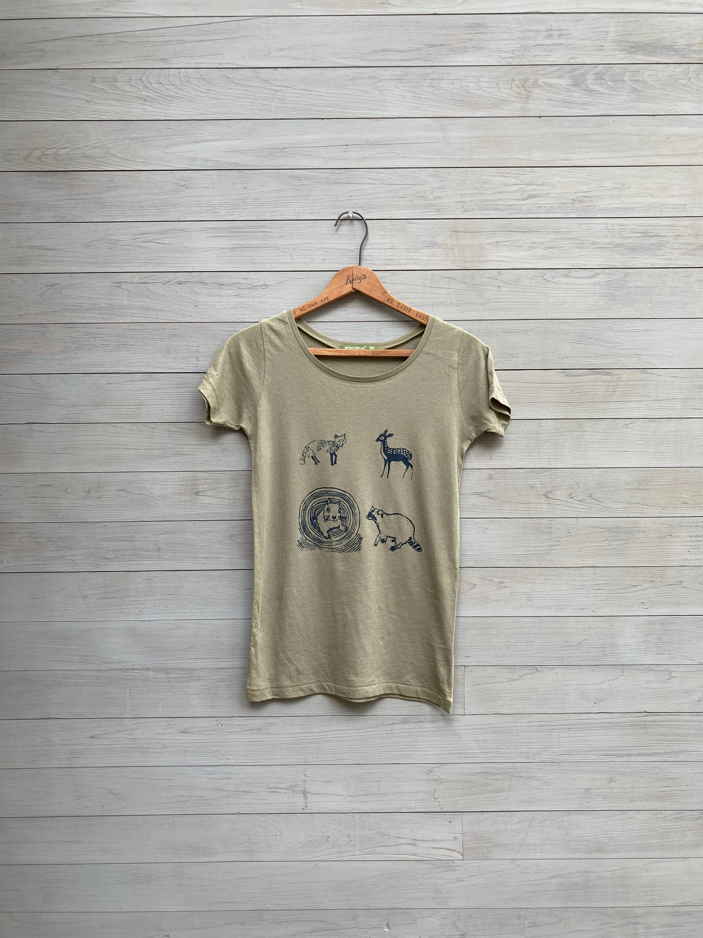 Organic Cotton Woodland Creatures Tee, Yoga Tee, Stretchy, Scoop neck Top