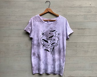 Organic Cotton Snakes, Spiders + Bats Tee, Hand Dyed in Spooky Grey, Loose Fitting Tee