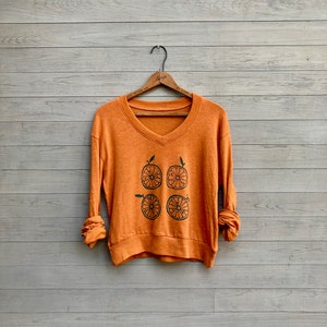 Summer Citrus Pullover, Oranges, Fruit Shirt, Vegetarian + Vegan Shirt, Vneck Top