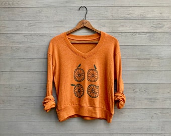 Sommerlicher Zitruspullover, Orangen, Obstshirt, vegetarisches + veganes Shirt, Vneck-Top