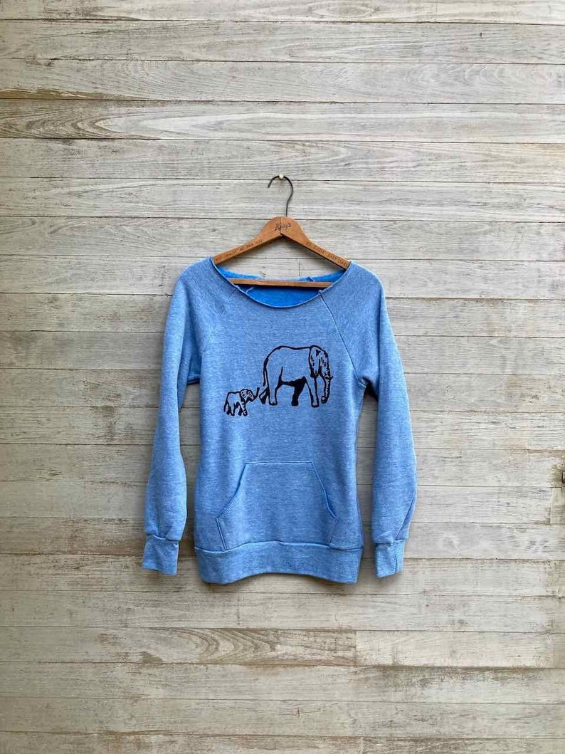 Organic Cotton Elephant Sweatshirt, Mom Gift, Elephant Lover, New Mom, Mother's Day Light Blue